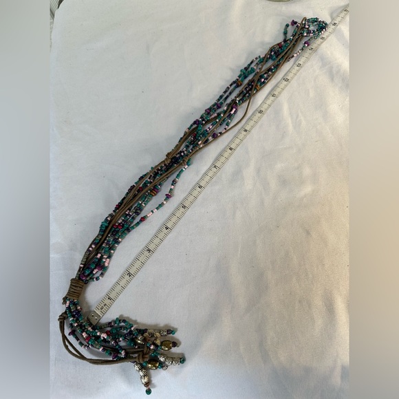 Long multi strand bead and leather cords necklace - Picture 3 of 4